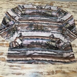 Vintage Tess Medium Nautical Ships Print Keyhole Blouse Top